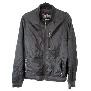 Guess Mens Windbreaker‎ Jacket Black Zip Up Moto Nylon Cotton Lined Size Large